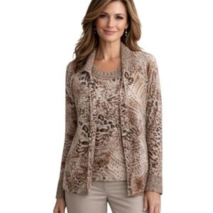 Escada Vintage Leopard Print Wool Cashmere 2 Piece Sweater Set Luxury Sz US 6
